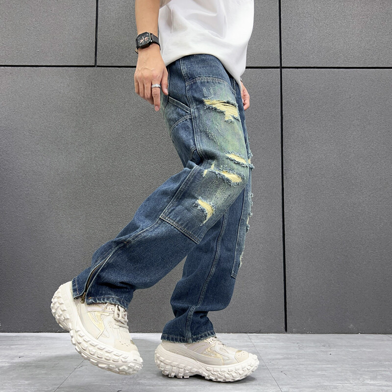 Išskalbti nelaimingi madingi ir madingi džinsai amerikietiško stiliaus madingi vyriški laisvi vyriški džinsai tiesiomis kojomis