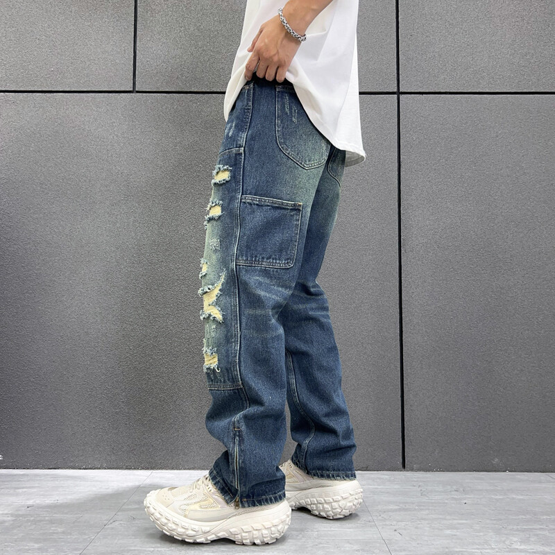 Išskalbti nelaimingi madingi ir madingi džinsai amerikietiško stiliaus madingi vyriški laisvi vyriški džinsai tiesiomis kojomis