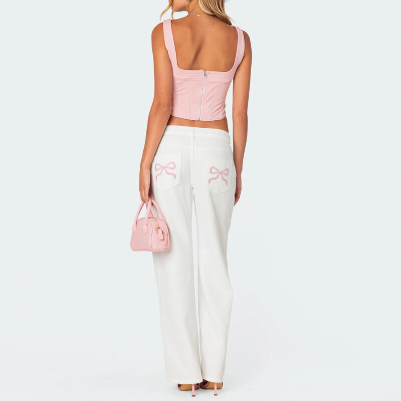 Női Y2K utcai ruházat esztétikus farmernadrág, alacsony derékú, cipzáros gombzárás, bő, egyenes hosszú nadrág hímzett masnis zsebekkel