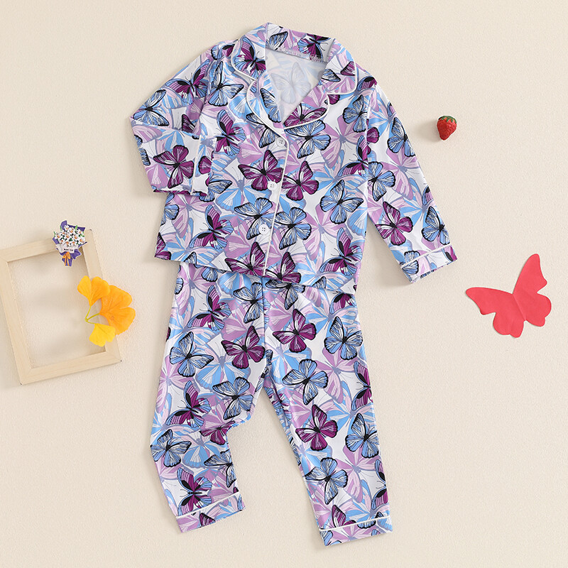 Vaikiški drabužiai mergaičių rudens pižamos rinkinys su drugelio/vyšnių/braškių raštu ilgomis rankovėmis marškiniai Viršutinės ilgos kelnės poilsio kostiumas miegui