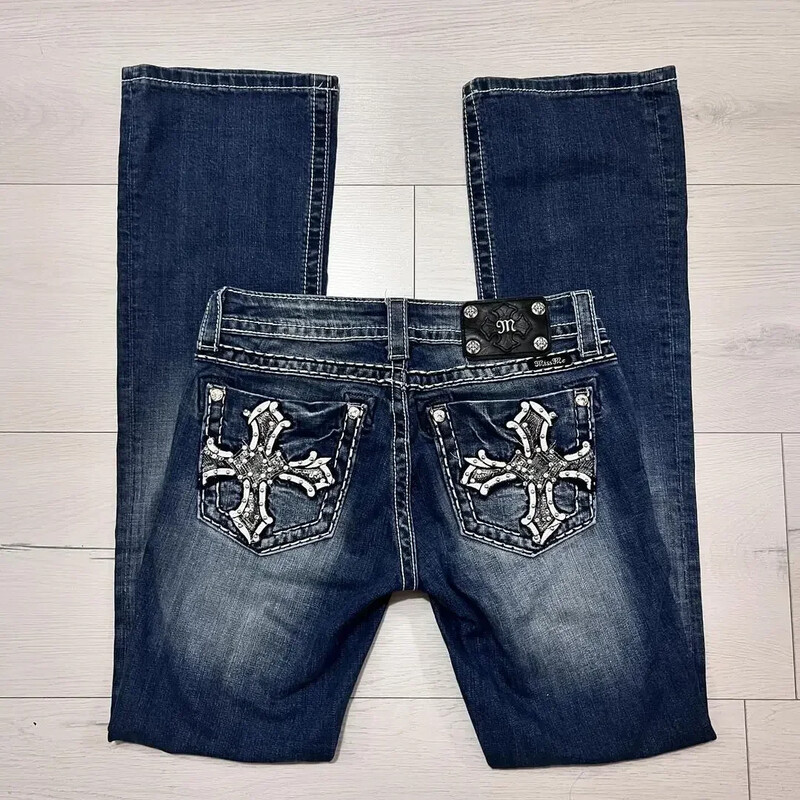 Cizme blugi fetiță strasuri brodate buzunare flanșe semnătură blugi Capri pantaloni supradimensionați din denim talie înaltă drepte