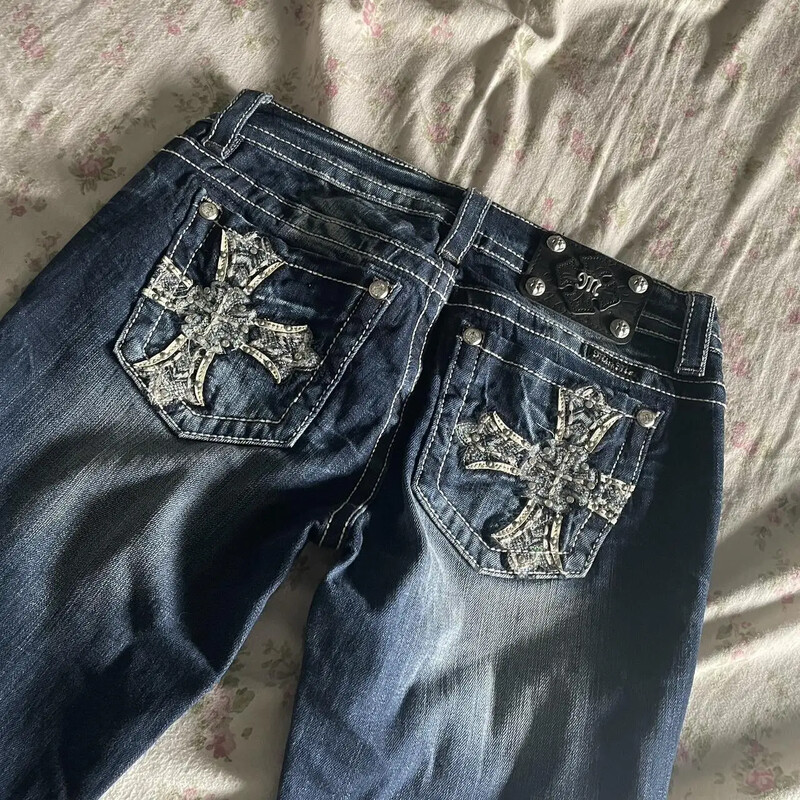 Cizme blugi fetiță strasuri brodate buzunare flanșe semnătură blugi Capri pantaloni supradimensionați din denim talie înaltă drepte
