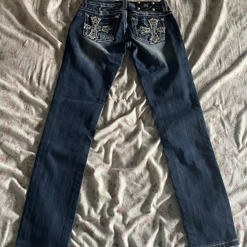 Cizme blugi fetiță strasuri brodate buzunare flanșe semnătură blugi Capri pantaloni supradimensionați din denim talie înaltă drepte