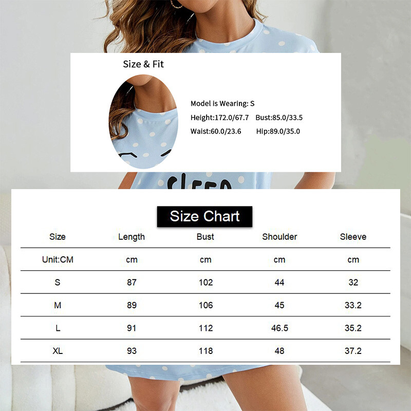 Mielos raidės taškeliais marginti naktiniai marškiniai Patogi trumpomis rankovėmis miegui skirta suknelė su apvaliu kaklu Kasdieniai miegui skirti poilsio drabužiai