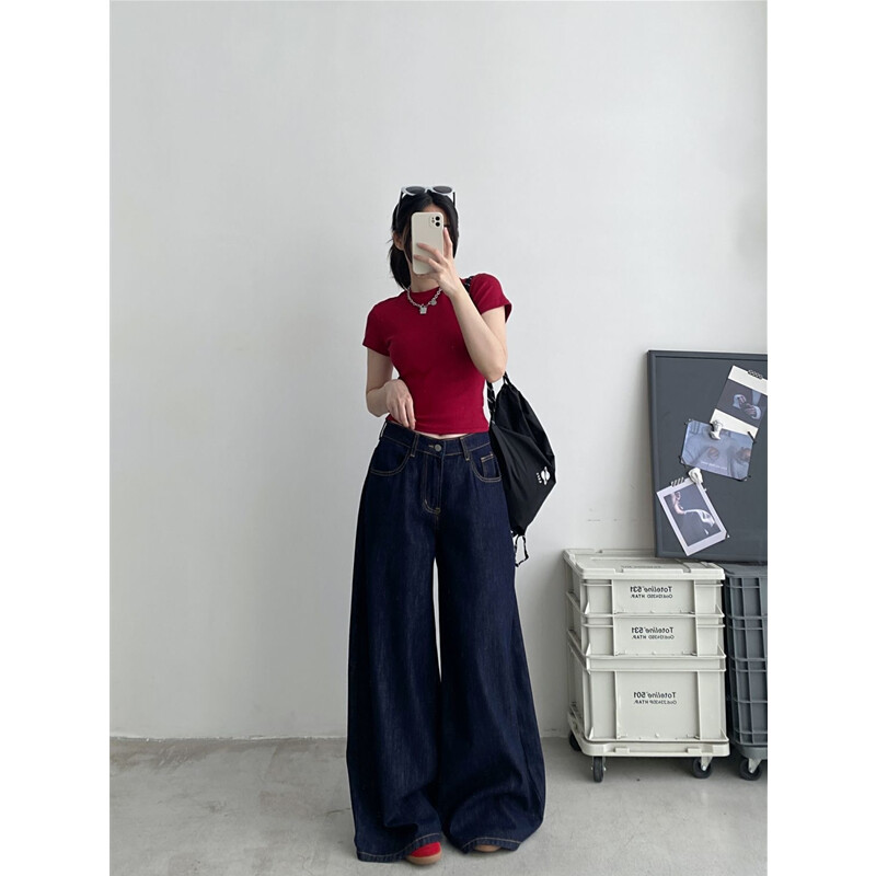 Modré dámske rifle s vysokým pásom, vintage rovné letné džínsy Y2K, klasické džínsové nohavice, streetwear, americké široké nohavice, vrecovité džínsy