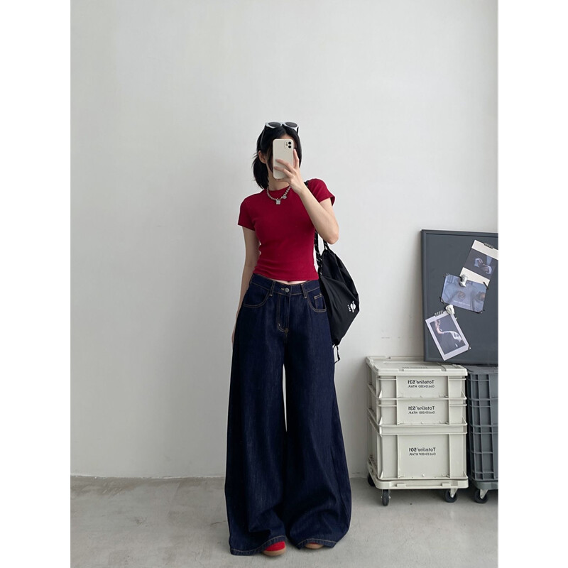 Modré dámske rifle s vysokým pásom, vintage rovné letné džínsy Y2K, klasické džínsové nohavice, streetwear, americké široké nohavice, vrecovité džínsy