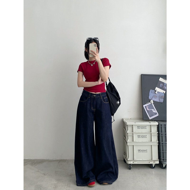 Modré dámske rifle s vysokým pásom, vintage rovné letné džínsy Y2K, klasické džínsové nohavice, streetwear, americké široké nohavice, vrecovité džínsy