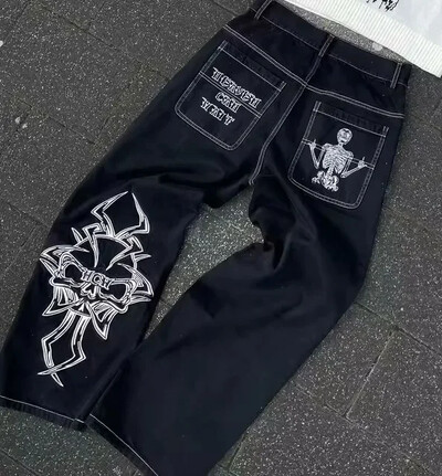 Ielu apģērbi Džinsi Y2K Vīriešu Sieviešu Harajuku Gothic Retro Cross Rhinestone Retro Blue Baggy Jeans Bikses ar augstu vidukli, platām kājām