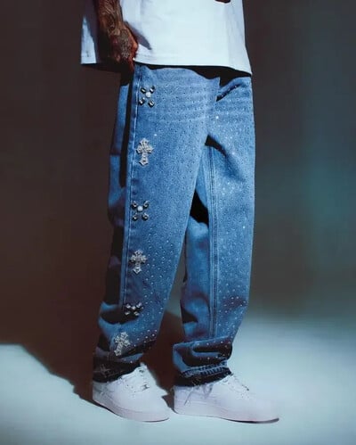 Streetwear Farmer Y2K Férfi Női Harajuku Gothic Retro Cross strassz Retro Blue Baggy Farmer nadrág magas derekú széles szárú nadrág