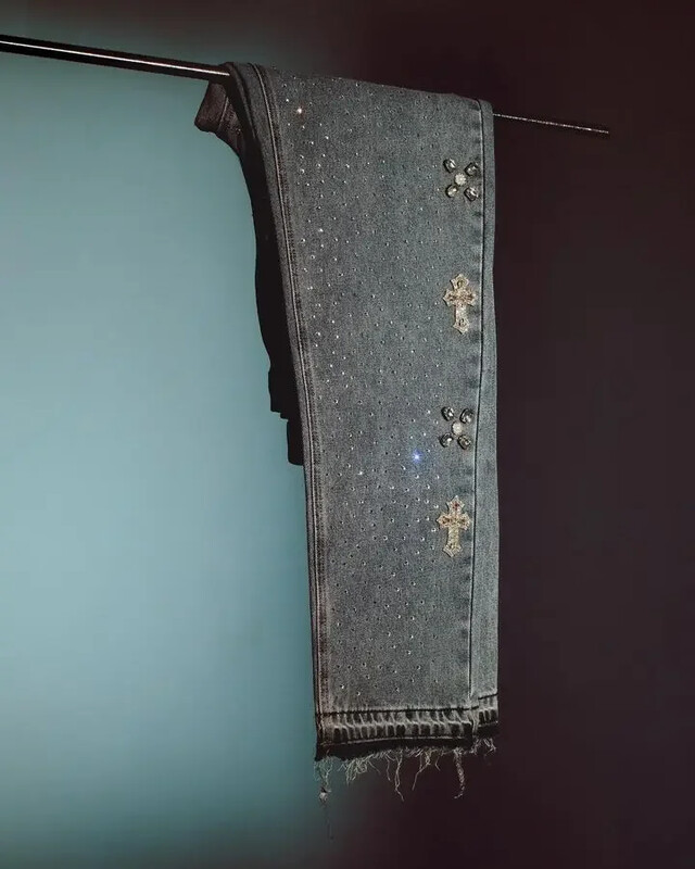 Ielu apģērbi Džinsi Y2K Vīriešu Sieviešu Harajuku Gothic Retro Cross Rhinestone Retro Blue Baggy Jeans Bikses ar augstu vidukli, platām kājām