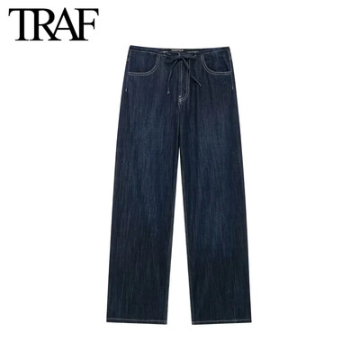 TRAF női divat tavasz ősz új egyszínű masnis fűzős Retro farmer nadrág elegáns női magas derekú széles szárú nadrág