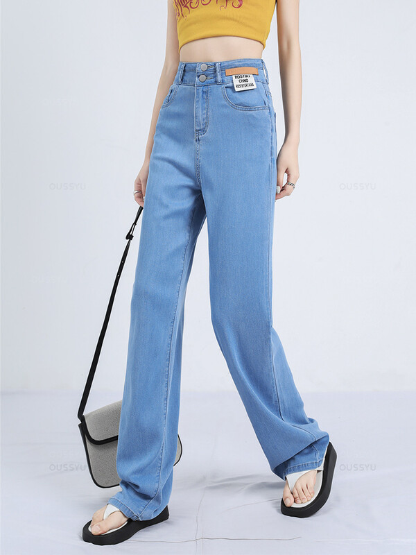 Vară, moale, țesătură lyocell naturală, blugi de damă, pantaloni largi, subțiri, din denim, pantaloni casual cu talie înaltă, mărime feminină 25-32