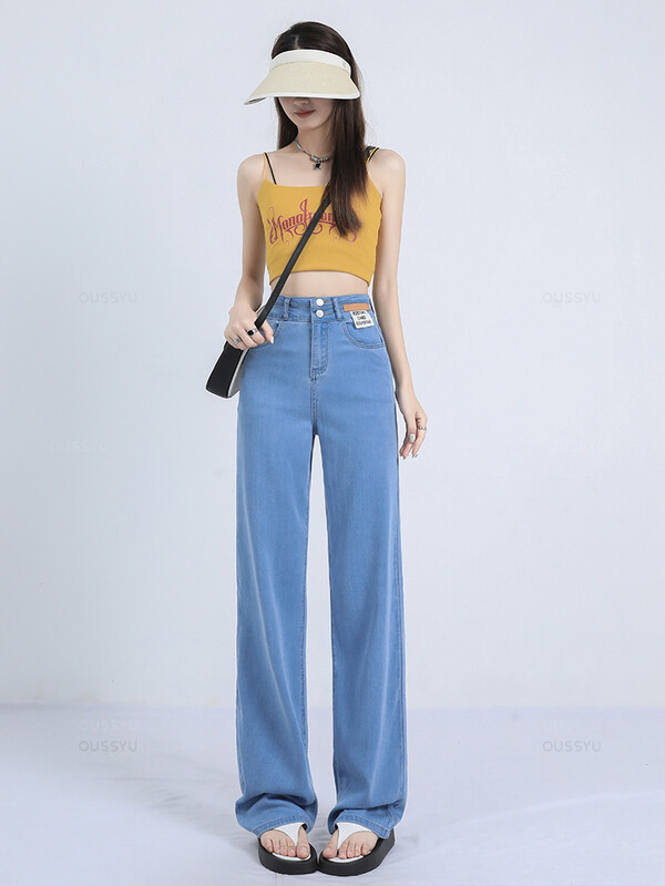 Vară, moale, țesătură lyocell naturală, blugi de damă, pantaloni largi, subțiri, din denim, pantaloni casual cu talie înaltă, mărime feminină 25-32