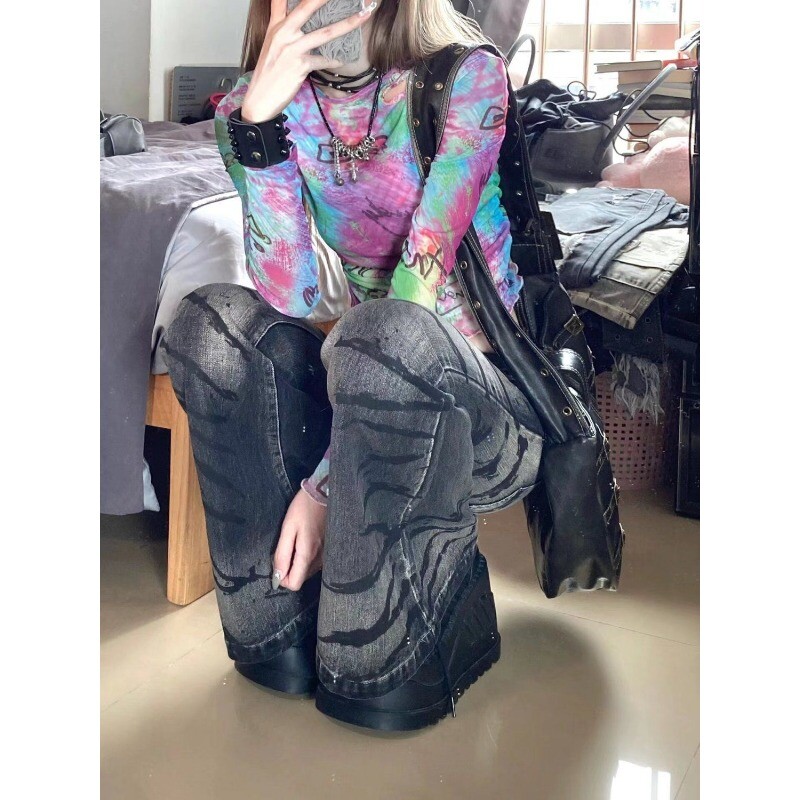 Amerikietiški Y2K Aukštos kokybės skalbtų juostelių platėjantys džinsai moterims Madingi aštrūs mergaičių ploni, švelnūs, ilgaamžiai kelnės