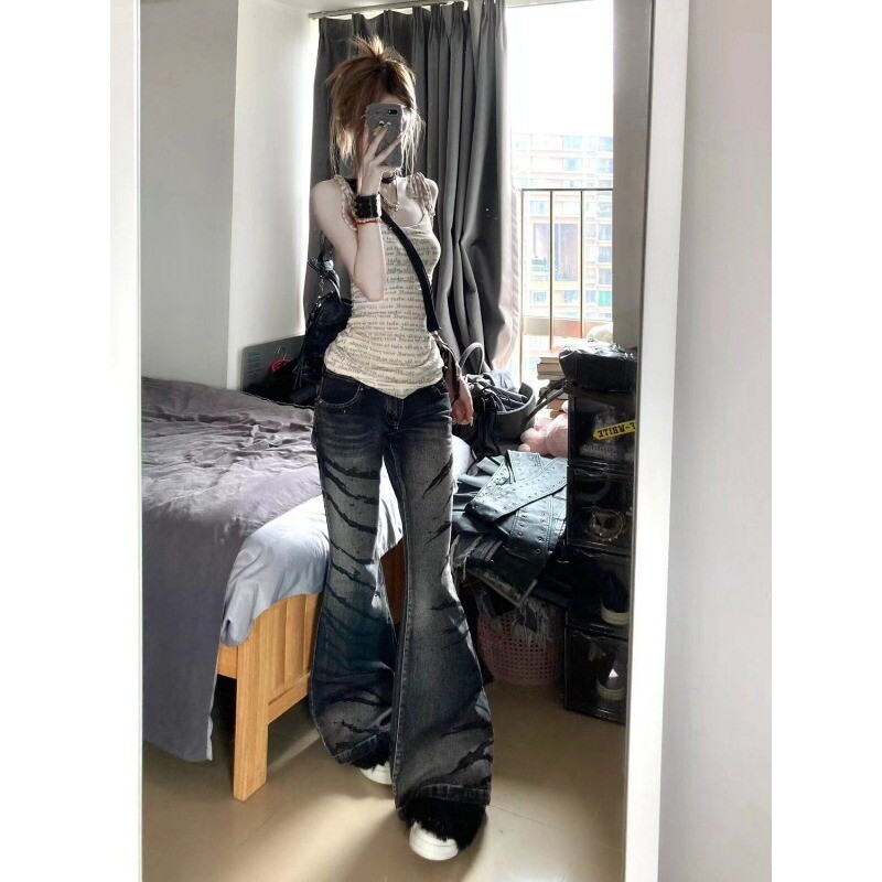 Amerikietiški Y2K Aukštos kokybės skalbtų juostelių platėjantys džinsai moterims Madingi aštrūs mergaičių ploni, švelnūs, ilgaamžiai kelnės