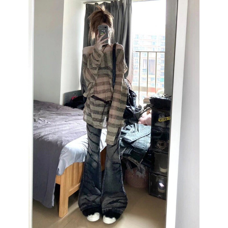 Amerikietiški Y2K Aukštos kokybės skalbtų juostelių platėjantys džinsai moterims Madingi aštrūs mergaičių ploni, švelnūs, ilgaamžiai kelnės