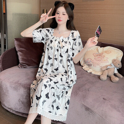 5XL didelio dydžio moteriški naktiniai marškiniai Vasariniai pižamos korėjietiško stiliaus burbulinės medvilnės trumpomis rankovėmis miegui skirtos suknelės Minkšti, patogūs poilsio drabužiai