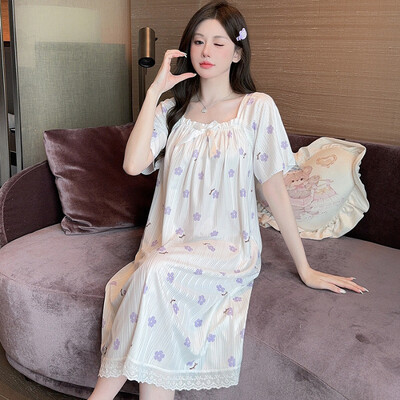 5XL didelio dydžio moteriški naktiniai marškiniai Vasariniai pižamos korėjietiško stiliaus burbulinės medvilnės trumpomis rankovėmis miegui skirtos suknelės Minkšti, patogūs poilsio drabužiai