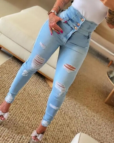 Dámske džínsy, trendy, jesenná móda, vysoký pás, zapínanie na gombíky, výrez, roztrhané, ležérne, skinny, hladký vzor s vreckami, denné dlhé džínsy