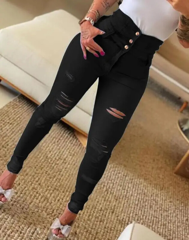 Dámske džínsy, trendy, jesenná móda, vysoký pás, zapínanie na gombíky, výrez, roztrhané, ležérne, skinny, hladký vzor s vreckami, denné dlhé džínsy