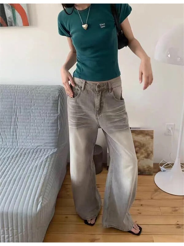 High Street Retro Y2K Baggy japāņu 2000. gadu džinsa bikses sievietēm ar augstu vidukli, netīri džinsi Sieviešu mazgātas retro ikdienas bikses