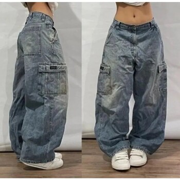 Harajuku Fashion Heavy Industry Blue Washed Baggy Jean с множество джобове Дамски Y2K улични популярни готически панталони с висока талия и широки крачоли