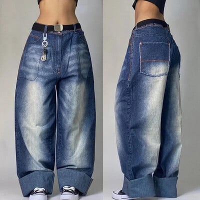 Harajuku módne ťažké priemyselné modré prané viacvreckové baggy džínsy pre ženy Y2K Street populárne gotické nohavice s vysokým pásom a širokými nohavicami
