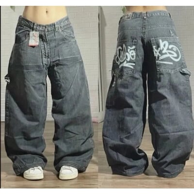 Harajuku módne ťažké priemyselné modré prané viacvreckové baggy džínsy pre ženy Y2K Street populárne gotické nohavice s vysokým pásom a širokými nohavicami