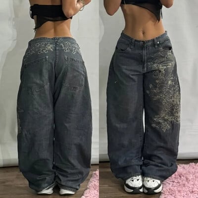 Harajuku módne ťažké priemyselné modré prané viacvreckové baggy džínsy pre ženy Y2K Street populárne gotické nohavice s vysokým pásom a širokými nohavicami