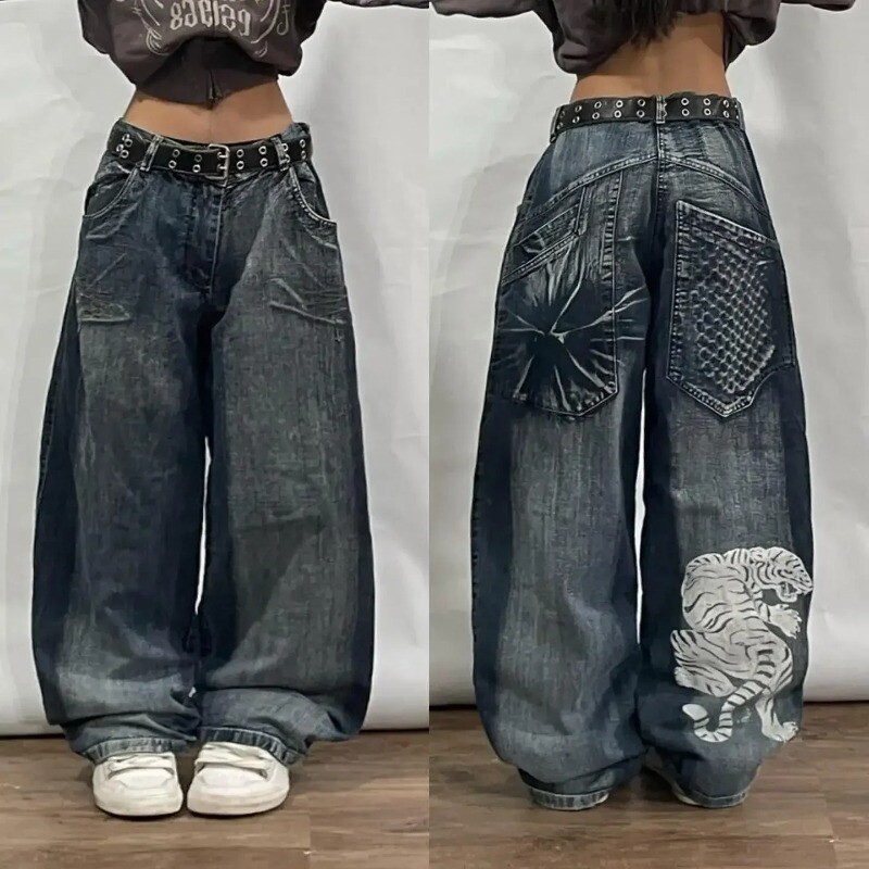 Harajuku módne ťažké priemyselné modré prané viacvreckové baggy džínsy pre ženy Y2K Street populárne gotické nohavice s vysokým pásom a širokými nohavicami