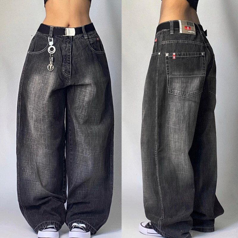 Harajuku módne ťažké priemyselné modré prané viacvreckové baggy džínsy pre ženy Y2K Street populárne gotické nohavice s vysokým pásom a širokými nohavicami
