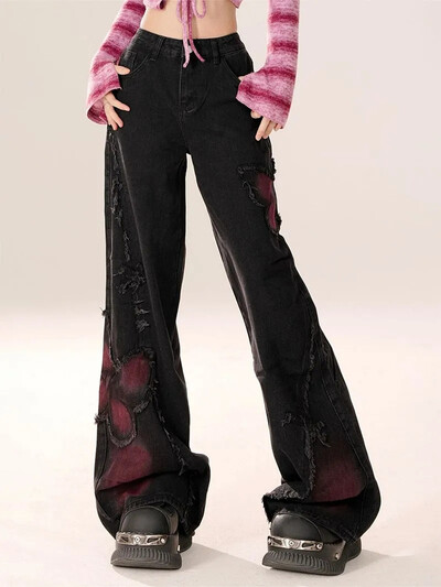 2024 Cyber Y2K Fashion Butterfly Patchwork Φαρδύ στοιβαγμένο μαύρο τζιν παντελόνι για γυναικεία ρούχα Harajuku γυναικείο παντελόνι Ropa Mujer