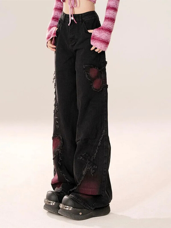 2024 Cyber Y2K Fashion Butterfly Patchwork Φαρδύ στοιβαγμένο μαύρο τζιν παντελόνι για γυναικεία ρούχα Harajuku γυναικείο παντελόνι Ropa Mujer