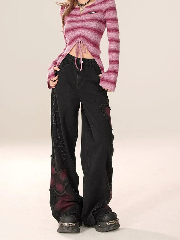 2024 Cyber Y2K Fashion Butterfly Patchwork Φαρδύ στοιβαγμένο μαύρο τζιν παντελόνι για γυναικεία ρούχα Harajuku γυναικείο παντελόνι Ropa Mujer