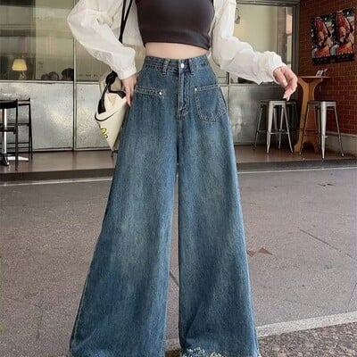 Retro stiliaus džinsai Moteriški „High Street“ mėlyni laisvi džinsai su plačiomis „High Street“ tiesiomis kelnėmis aukštu liemeniu