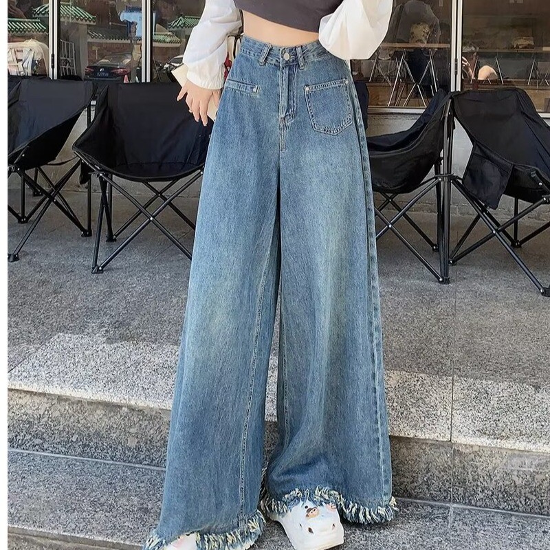 Retro stiliaus džinsai Moteriški „High Street“ mėlyni laisvi džinsai su plačiomis „High Street“ tiesiomis kelnėmis aukštu liemeniu