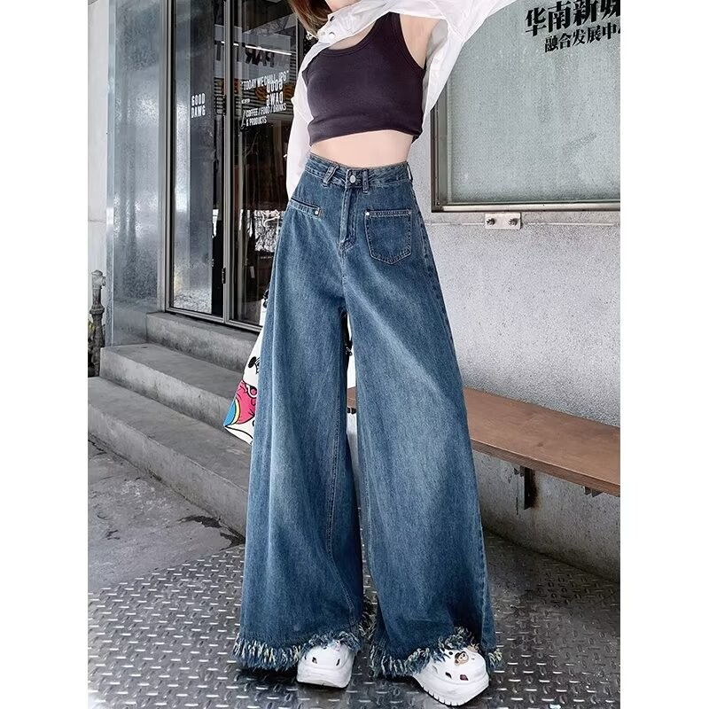 Retro stiliaus džinsai Moteriški „High Street“ mėlyni laisvi džinsai su plačiomis „High Street“ tiesiomis kelnėmis aukštu liemeniu
