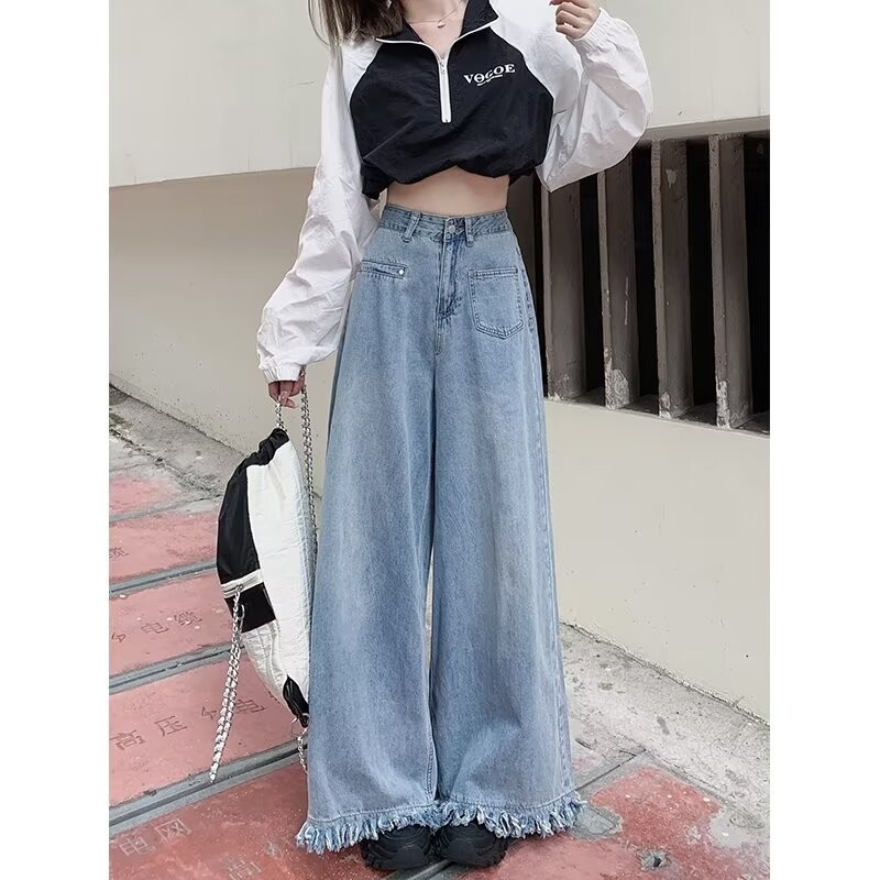 Retro stiliaus džinsai Moteriški „High Street“ mėlyni laisvi džinsai su plačiomis „High Street“ tiesiomis kelnėmis aukštu liemeniu