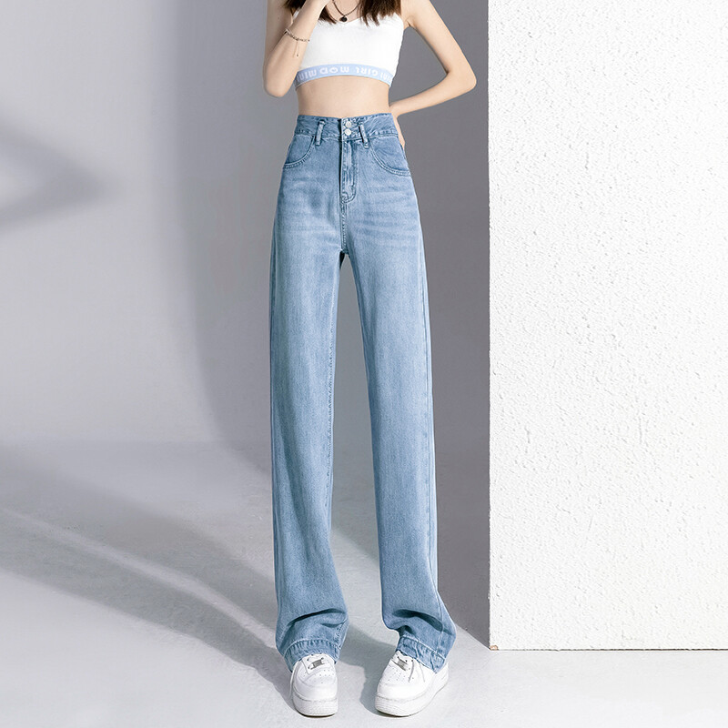 Blugi de damă ultra-subțiri de vară 100% lyocell Cool comozi Pantaloni largi, drepti, din denim, modă de stradă coreeană cu talie înaltă