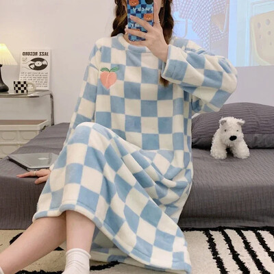 Χειμωνιάτικα χοντρά ζεστά γυναικεία μακρυμάνικα φανελένια νυχτικά κινούμενα σχέδια Γκρι γάτα Θηλυκό κοραλί βελούδο νυχτικό Γλυκό σπιτικό υπνο