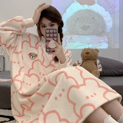 Χειμωνιάτικα χοντρά ζεστά γυναικεία μακρυμάνικα φανελένια νυχτικά κινούμενα σχέδια Γκρι γάτα Θηλυκό κοραλί βελούδο νυχτικό Γλυκό σπιτικό υπνο