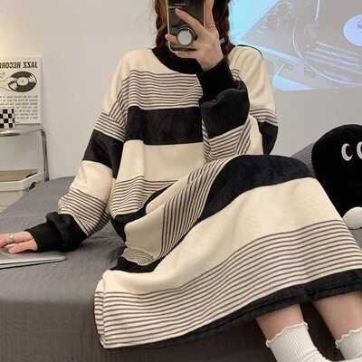 Χειμωνιάτικα χοντρά ζεστά γυναικεία μακρυμάνικα φανελένια νυχτικά κινούμενα σχέδια Γκρι γάτα Θηλυκό κοραλί βελούδο νυχτικό Γλυκό σπιτικό υπνο