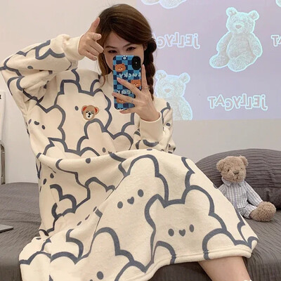 Χειμωνιάτικα χοντρά ζεστά γυναικεία μακρυμάνικα φανελένια νυχτικά κινούμενα σχέδια Γκρι γάτα Θηλυκό κοραλί βελούδο νυχτικό Γλυκό σπιτικό υπνο