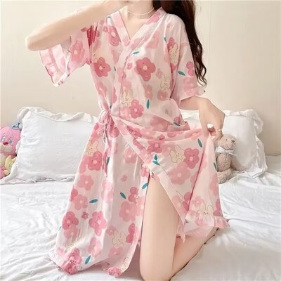 Dámske kimono, pyžamo s krátkym rukávom, župan, roztomilé šaty, pyžamá, letné oblečenie, domáce oblečenie, saténové, spacie, sexy