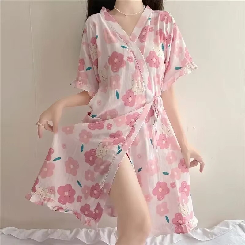 Dámske kimono, pyžamo s krátkym rukávom, župan, roztomilé šaty, pyžamá, letné oblečenie, domáce oblečenie, saténové, spacie, sexy