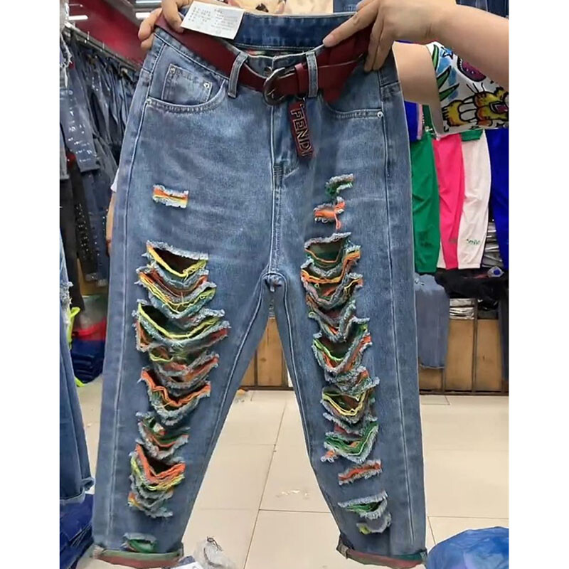 2024 nyár új színű szakadt lyukas farmer magas derekú farmer nagy méretű bő Haren farmer nadrág női bokáig érő cowboy nadrág