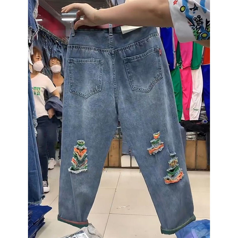 2024 nyár új színű szakadt lyukas farmer magas derekú farmer nagy méretű bő Haren farmer nadrág női bokáig érő cowboy nadrág