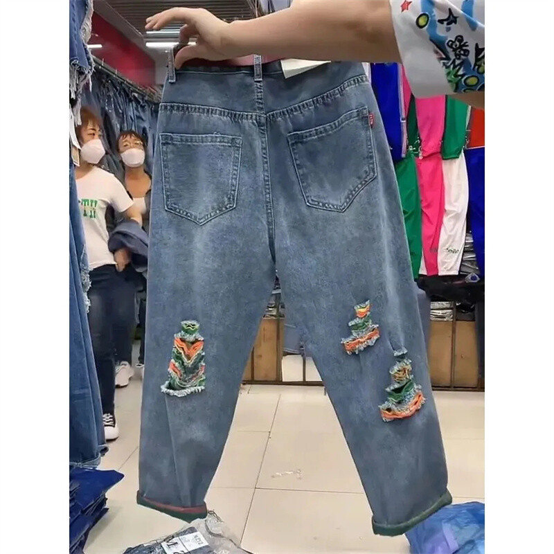 2024 nyár új színű szakadt lyukas farmer magas derekú farmer nagy méretű bő Haren farmer nadrág női bokáig érő cowboy nadrág