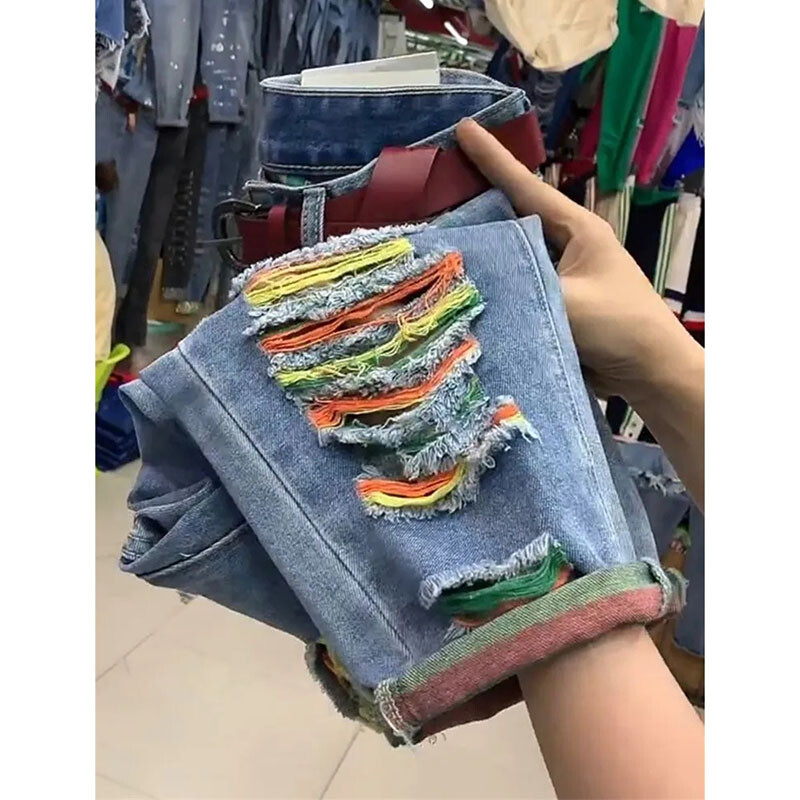 2024 nyár új színű szakadt lyukas farmer magas derekú farmer nagy méretű bő Haren farmer nadrág női bokáig érő cowboy nadrág