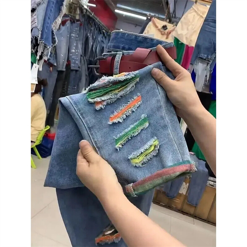 2024 nyár új színű szakadt lyukas farmer magas derekú farmer nagy méretű bő Haren farmer nadrág női bokáig érő cowboy nadrág